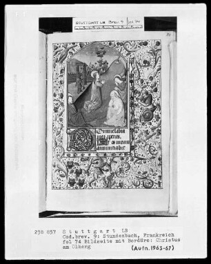 Lateinisch-französisches Stundenbuch (Livre d'heures) — Miniatur im Bordürenrahmen und Textanfang, Folio 74recto