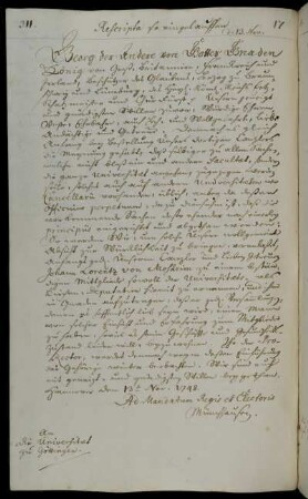 Ernennung des Kanzlers von Mosheim zum beständigen Mitglied der Universitätsgerichts- und Kirchendeputation.