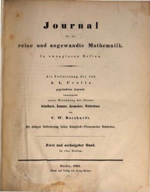 Journal für die reine und angewandte Mathematik. 62. 1863