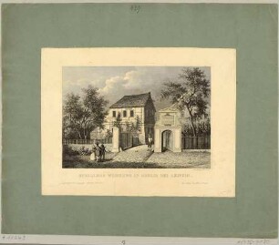 Das Schillerhaus in Gohlis bei Leipzig (Bauernhaus Menckestraße 42), in dem Friedrich Schiller im Sommer 1785 wohnte, im Zustand mit der 1841 neu errichteten Ehrenpforte