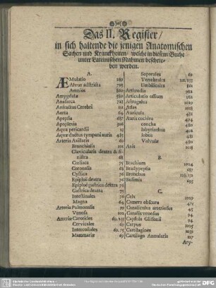 Das II. Register, in sich haltende die jenigen Anatomischen Sachen und Kranckheiten, welche in diesem Buche unter Lateinischen Nahmen beschrieben werden