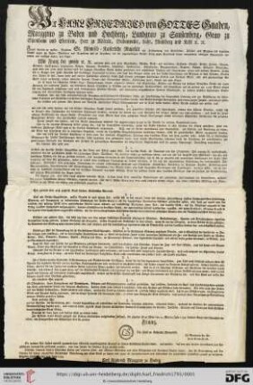 Wir Carl Friedrich von Gottes Gnaden, Marggrav zu Baden und Hochberg, [...]