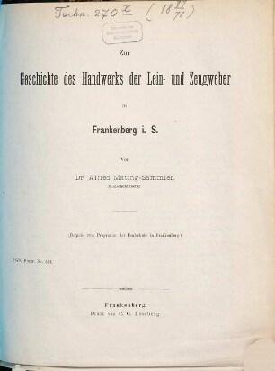 Zur Geschichte des Handwerks der Lein- und Zeugweber in Frankenberg i. S.