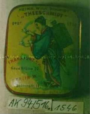 Proben-Blechdose für Tee "HEINR. WILH. SCHMIDT 'THEESCHMIDT' FRANKFURT a/M, BERLIN W."