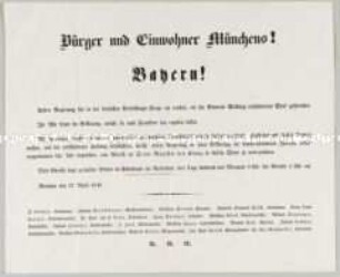 Maueranschlag: Aufruf an die Bürger und Einwohner Münchens zur Unterschrift einer Sympathie-Erklärung an König Maximilian II. von Bayern; München, 27. April 1849