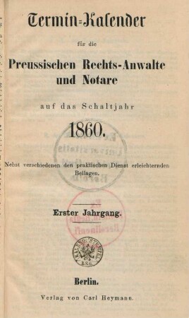 1.1860: Termin-Kalender für die preussischen Rechtsanwälte und Notare