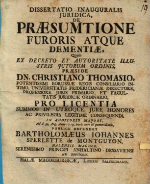 Dissertatio inauguralis iuridica de praesumtione furoris atque dementiae