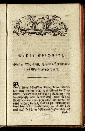 Erster Abschnitt. Begrif, Möglichkeit, Grund der Annahme eines Wunders überhaupt.