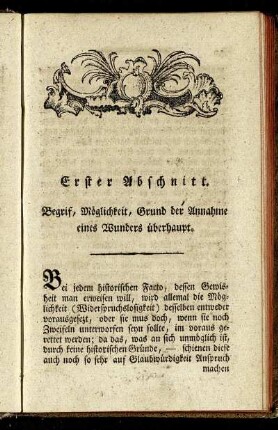 Erster Abschnitt. Begrif, Möglichkeit, Grund der Annahme eines Wunders überhaupt.