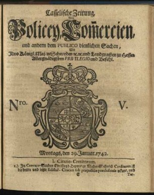 Nro. V, Montags, den 29. Januar 1742