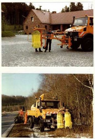Leitpfosten waschen auf der Fahrbahn Stuttgart - Karlsruhe Montage des Leitpfostenwaschgerätes am Unimog in der AM