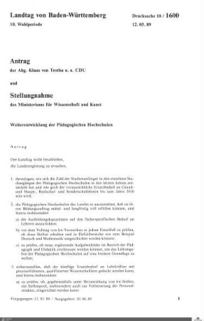 Antrag der CDU: Weiterentwicklung der Pädagogischen Hochschulen