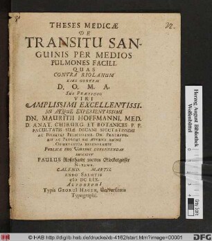 Theses Medicae De Transitu Sanguinis Per Medios Pulmones Facili