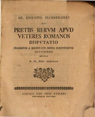 Ge. Christo. Hambergeri De Pretiis Rervm Apvd Veteres Romanos Dispvtatio