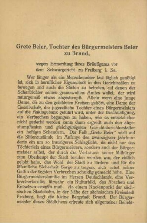 Grete Beier, Tochter des Bürgermeisters Beier zu Brand, wegen Ermordung ihres Bräutigams vor dem Schwurgericht zu Freiberg i. Sa.