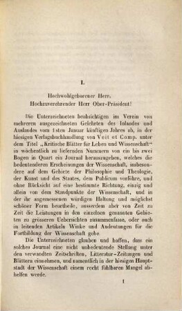 Actenstücke betreffend die beabsichtigte Herausgabe der kritischen Blätter für Leben und Wissenschaft