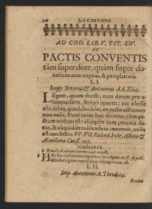 Ad Cod. Lib. V. Tit. XIV. De Pacits Conventis tam super dote, quam super donatione ante nuptias, & paraphernis.