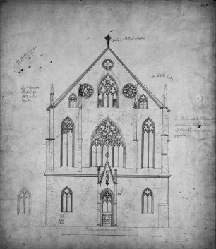 Die Kirche zu Haina in Kurhessen nebst den darin befindlichen Glasmalereien - aufgenommen und gezeichnet von G.A.G. Engelhard, Architect und Mitglied des Berliner Architecten-Vereins, sowie Correspondierendes Mitglied des Archäologischen Instituts in Rom — Aufriss der Westseite der Klosterkirche Haina