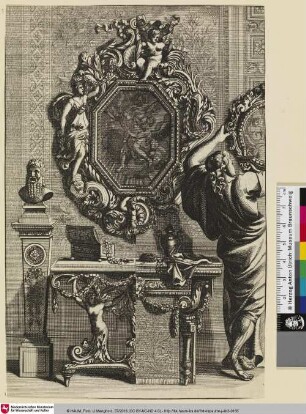 [Ansicht eines zwei-geteilten Spiegelentwurfs mit dem Raub der Oreithyia, daneben eine Büste auf einem Podest; Projet alternatif de tables et de miroirs, sur le miroir octogonal, Borée enlevant Orithye]