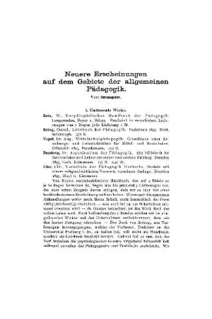 Neuere Erscheinungen auf dem Gebiete der allgemeinen Pädagogik