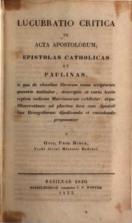 Lucubratio Critica in Acta Apostolorum, Epistolas Catholicas et Paulinas