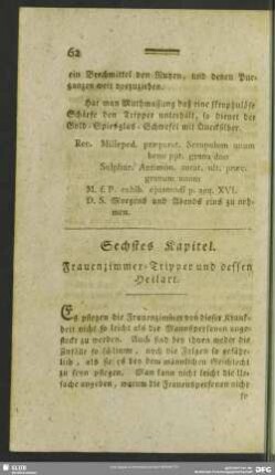 Sechstes Kapitel. Frauenzimmer-Tripper und dessen Heilart