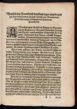 Was sich inn Franckreich denckwürdiges zugetragen hat ... sieder deß anzugs Hertzogen von Parma in Franckreich.