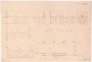 Gymnasium zum Grauen Kloster, Berlin Umbau: Grundriss Raum 4 und 5 1:50; Aufriss der vier Innenwände von Raum 4 und 5 1:50; Skizze vom Gewölbe; Maßangaben