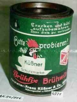 Blechdose für "Bitte probieren! Küßer Schutzmarke Brühfix Brühwürfel Hersteller: Franz Küßner und Co., Küßnerwerk"