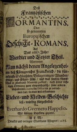 4: Der Frantzösische Cormantin, Oder so genannter Europaeischer Geschicht-Roman, Auf Das 1687. Jahr. 4