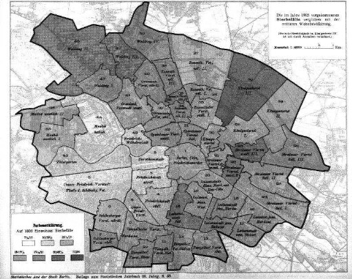 Karte: Die im Jahre 1903 vorgekommenen Sterbefälle verglichen mit der mittleren Wohnbevölkerung