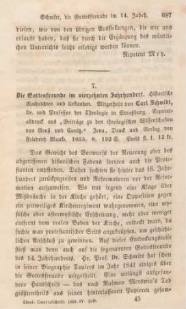 687-691 [Rezension] Schmidt, Carl, Die Gottesfreunde im vierzehnten Jahrhundert