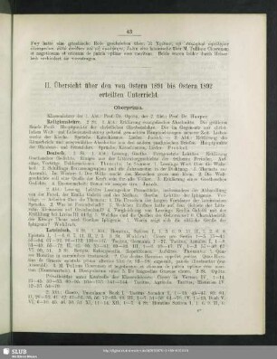 II. Übersicht über den von Ostern 1891 bis Ostern 1892 erteilten Unterricht