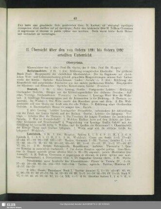 II. Übersicht über den von Ostern 1891 bis Ostern 1892 erteilten Unterricht