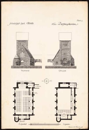 Dorfanlage Schinkelwettbewerb 1908: Ost-, Westansicht, Grundriss des EG und der Emporen