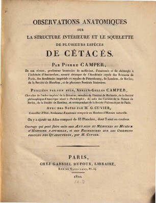 Observations anatomiques sur la Structure interieure ... de Cetacés .... 1