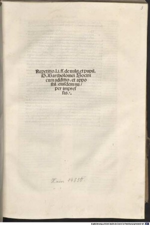 Repetitio legis 'De vulgari et pupillari substitutione' (Dig.28,6.14) : mit Brief an Johann von Kitscher von Raphael Cancellarius