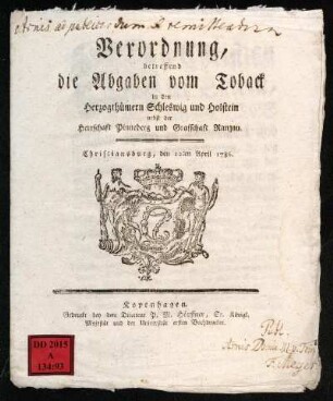 Verordnung, betreffend die Abgaben vom Toback in den Herzogthümern Schleswig und Holstein nebst der Herrschaft Pinneberg und Grafschaft Ranzau : Christiansburg, den 12ten April, 1786