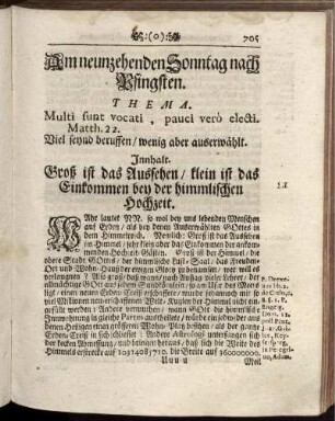 Am neunzehenden Sonntag nach Pfingsten. Thema. Multi sunt vocati, pauci vero electi. Matth. 22. Viel seynd beruffen/ wenig aber auserwählt. Innhalt. Groß ist das Aussehen/ klein ist das Einkommen bey der himmlischen Hochzeit