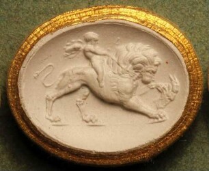 Cupido reitet auf einem aufgezäumten Löwen (Daktyliothek, Erstes Mythologisches Tausend)