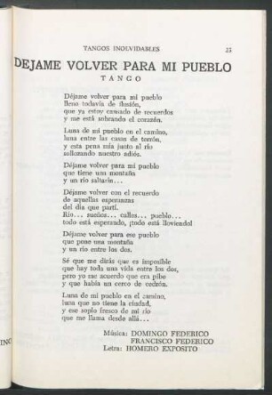 Déjame volver para mi pueblo : Tango