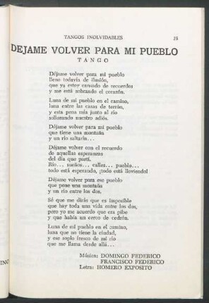 Déjame volver para mi pueblo : Tango