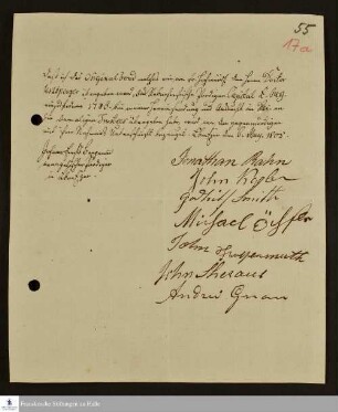 Bestätigung der Übergabe einer Vollmacht Johann August Urlspergers an die Trustees von Ebenezer durch Johann Ernst Bergmann zur Einforderung des Rabenhorstschen Kapitals.