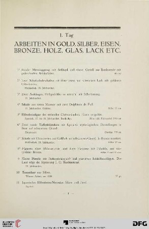 Arbeiten in Gold, Silber, Eisen, Bronze, Holz, Glas, Lack etc. (Nr. 1-68)