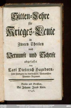 Sitten-Lehre für Krieges-Leute : in Zween Theilen