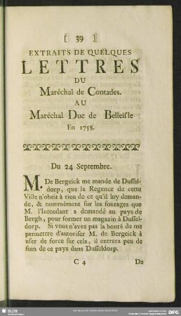 Extraits de quelques Lettres du Marêchal de Contades. au Marêchal Duc de Belleisle