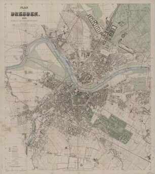 Stadtplan von Dresden, 1:10 000, Lithographie, 1890 : Plan von Dresden / bearb. vom Stadtvermessungsamte. [Alfred Hottenroth]. - 1:10 000. - Leipzig : Giesecke & Devrient , 1890. - 1 Kt. : mehrfarb. ; 72 x 82 cm, gefaltet