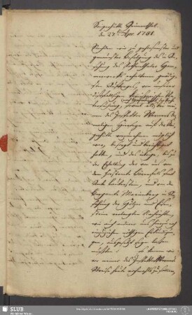 Saigerhütte Grünenthal, den 27ten Apr. 1781