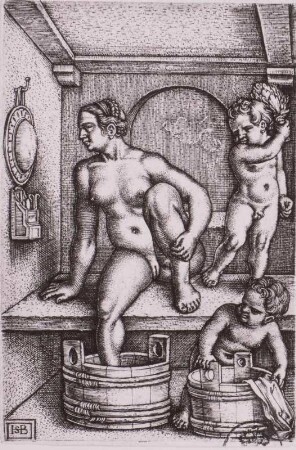 Weib mit zwei Putten in der Badestube