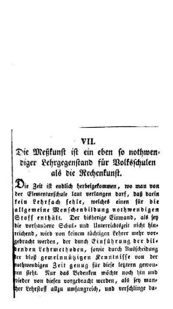Die Meßkunst ist ein eben so nothwendiger Lehrgegenstand für Volksschulen als die Rechenkunst